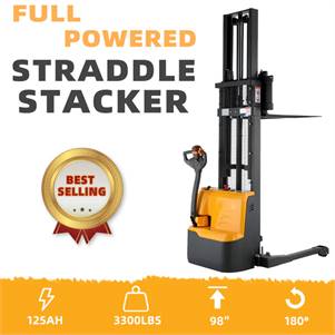 Powered Forklift Full Electric Walkie Stacker 3300lbs Cap. Straddle Legs. 98" lifting